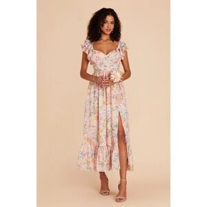 Birdy Grey Monica Floral Maxi Dress Flutter Sleeve Garden Print Pink Yellow M